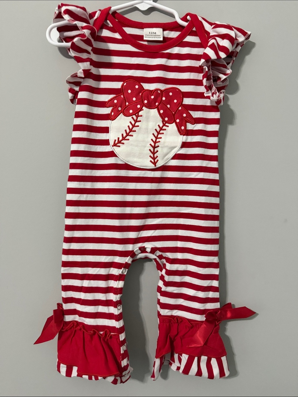 Red & White Striped Baseball Bow Ruffle One-Piece - Size 12 months